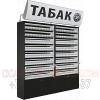 Шкаф тандем для продажи сигарет с восьмью синхронизированными дверками с рекламным боксом в открытом состояние