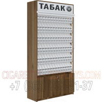 Шкаф торговый для сигарет с шестью полками на гравитации на девяносто SKU с тумбой накопителем в открытом состояние