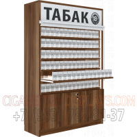 Шкаф для сигарет с шестью уровнями полок с пушерной системой и тумбой в открытом состоянии